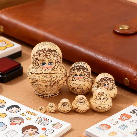 Yousheng 10Pcs/Set Handmade Russian Nesting Doll 10 Layers Kids Wooden Matryoshka Doll Retro Girl Stacking Toy Desktop Decoration Ornament
