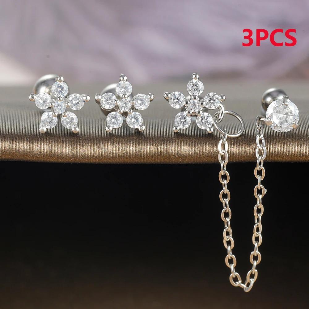 

3PCS Fashion Stainless Steel Zircon Flower Stud Earrings Set for Women Double Hole Chain Helix Tragus Cartilage Piercing Jewelry