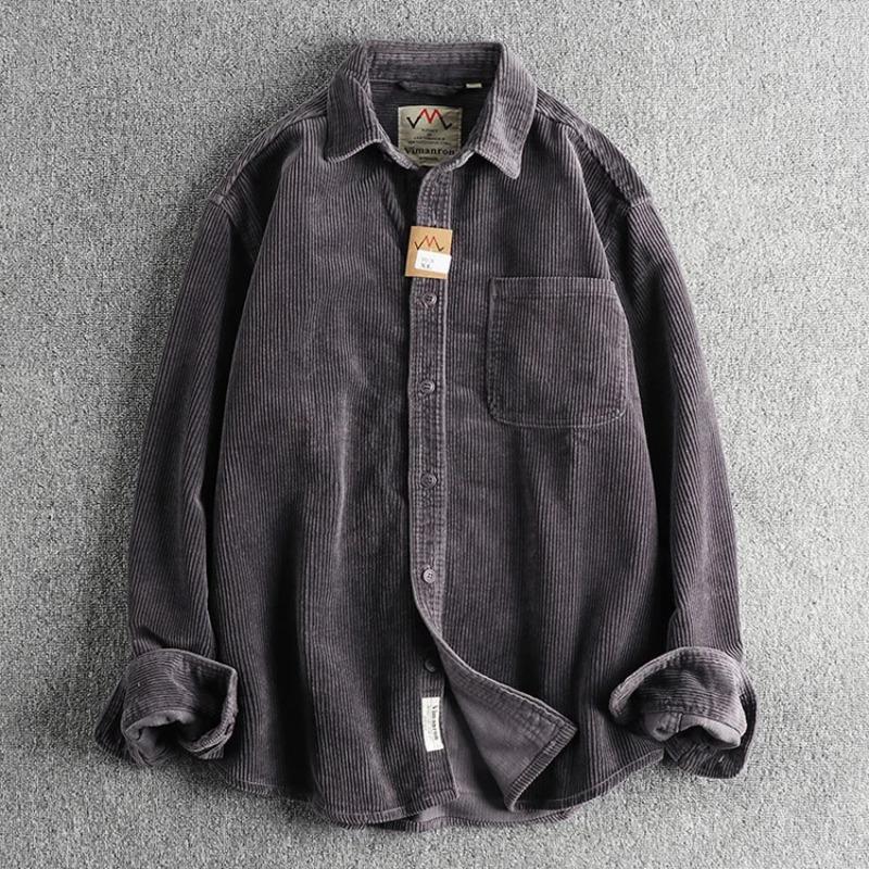 Solid Color Corduroy Vintage Shirt Men Spring Fashion Simple Basic Long Sleeve Blouse America Style Coats
