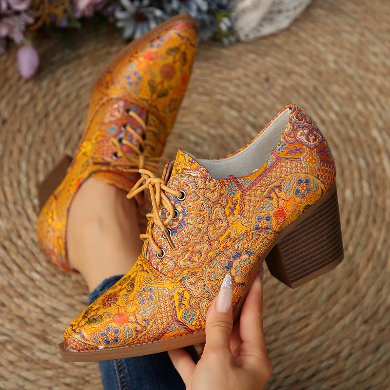 New Spring High-heeled Printed 4 Front Lace-up Thick-heeled Women's Single Shoes