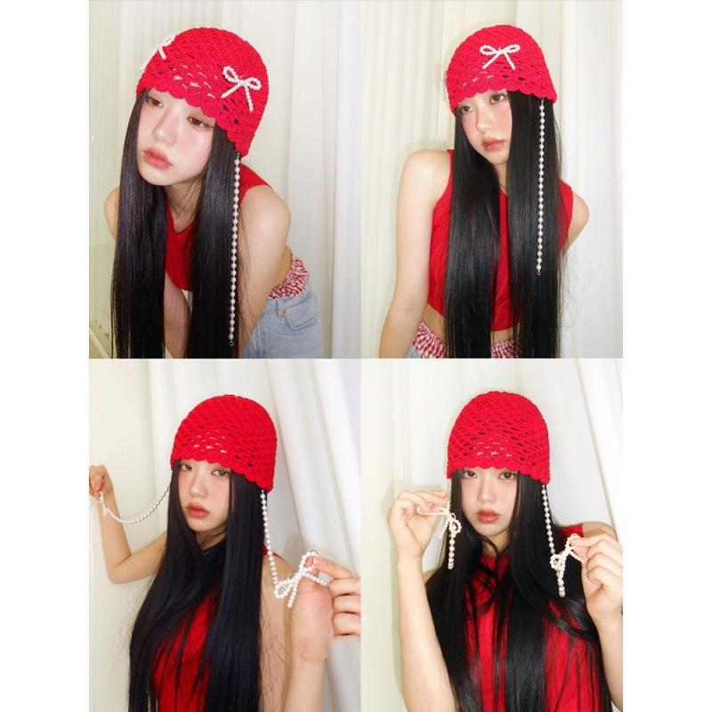Pearl Bow, Hollow Knitted Wool Cap, Korean Version, Ins, Wrap Cap, Fashion, Hat, Versatile, Show Face Small