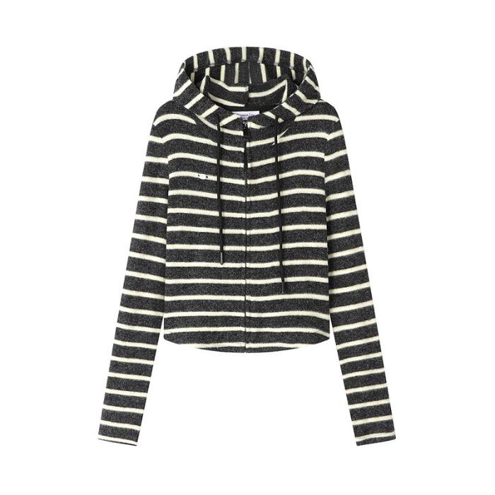 

Women s Korean Striped Hooded Sweatshirt Jacket - Loose Zipper Cardigan for Autumn/Winter M