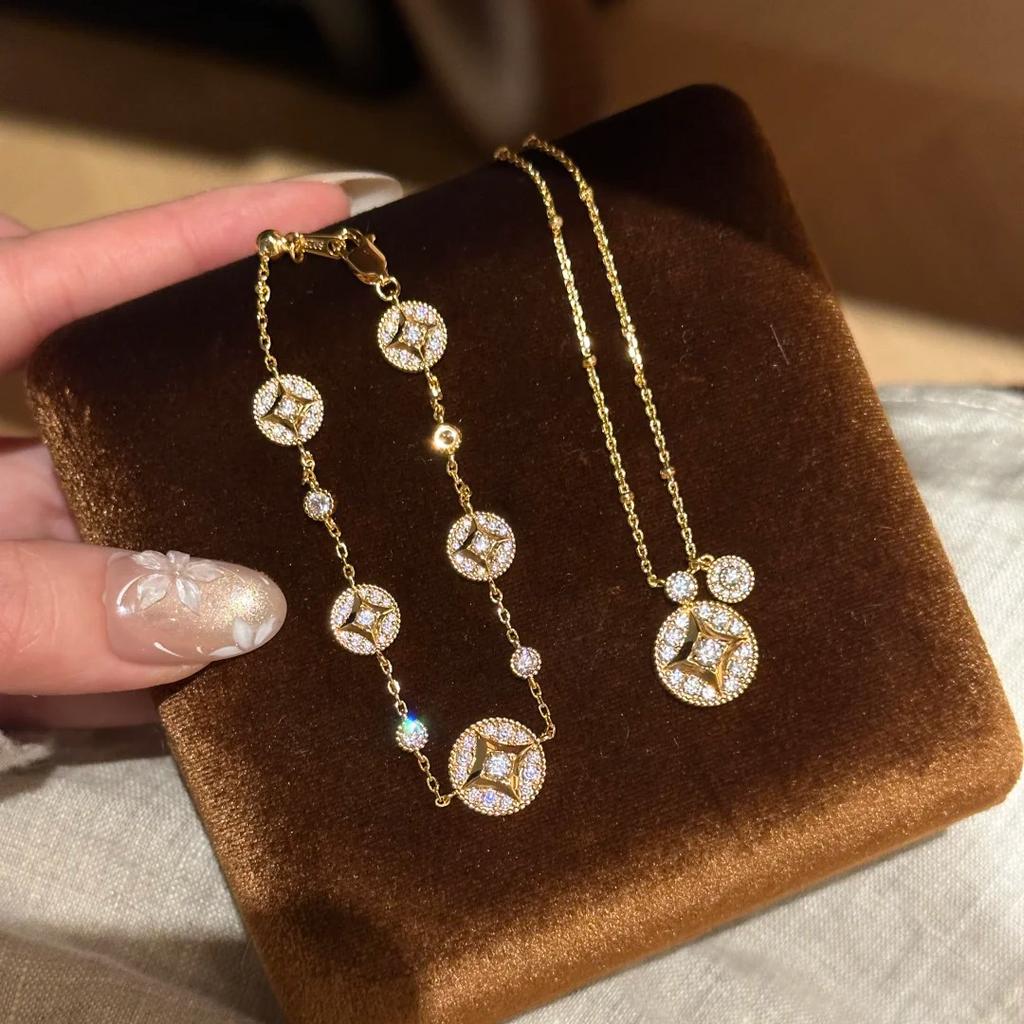Old Money Wind Copper Coin Necklace Collarbone Chain Fashionable Light Luxury Diamond-Encrusted Money Bracelet Coin Earrings Earrings Women