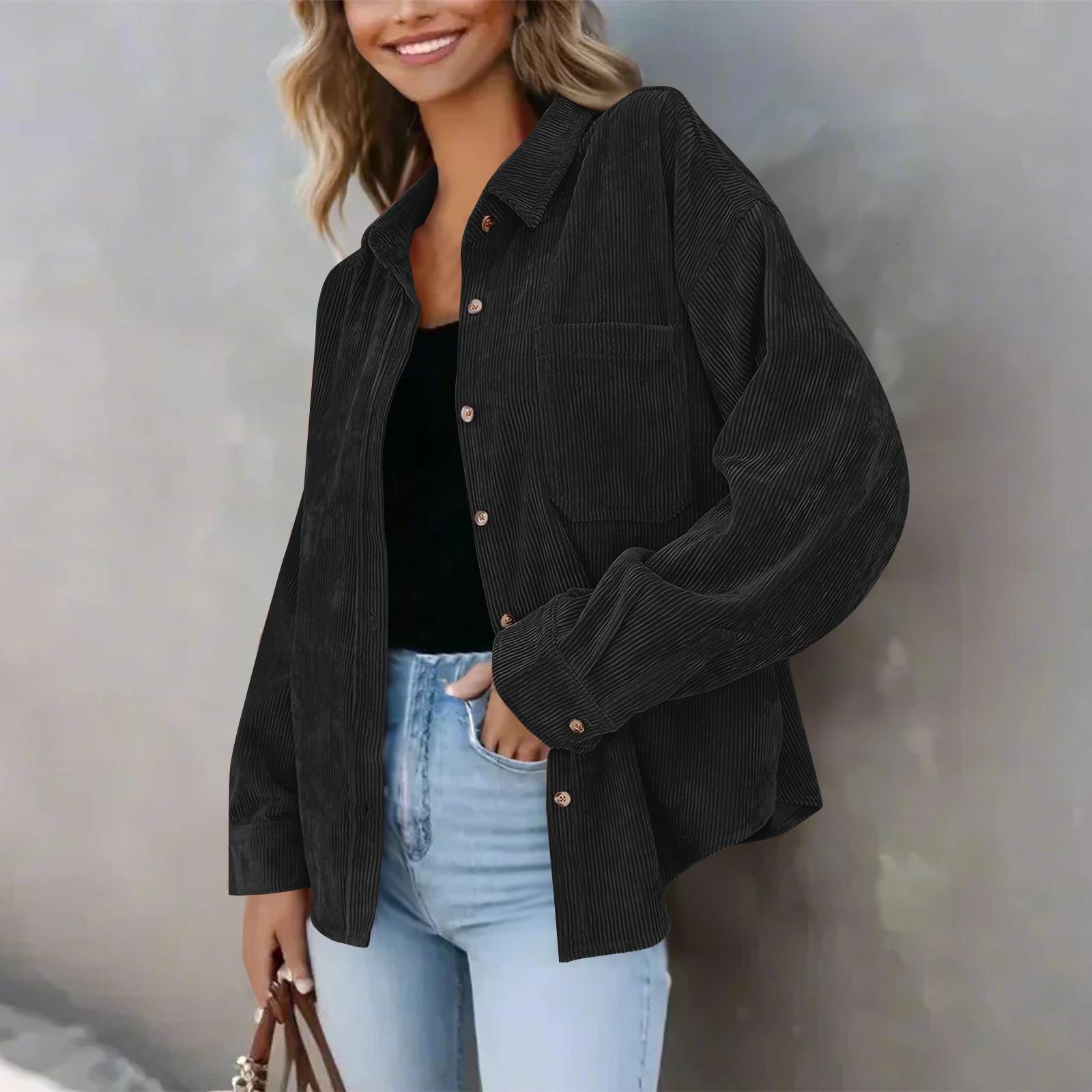 

Женская повседневная однотонная свободная куртка с лацканами на пуговицах больших размеров S чёрный