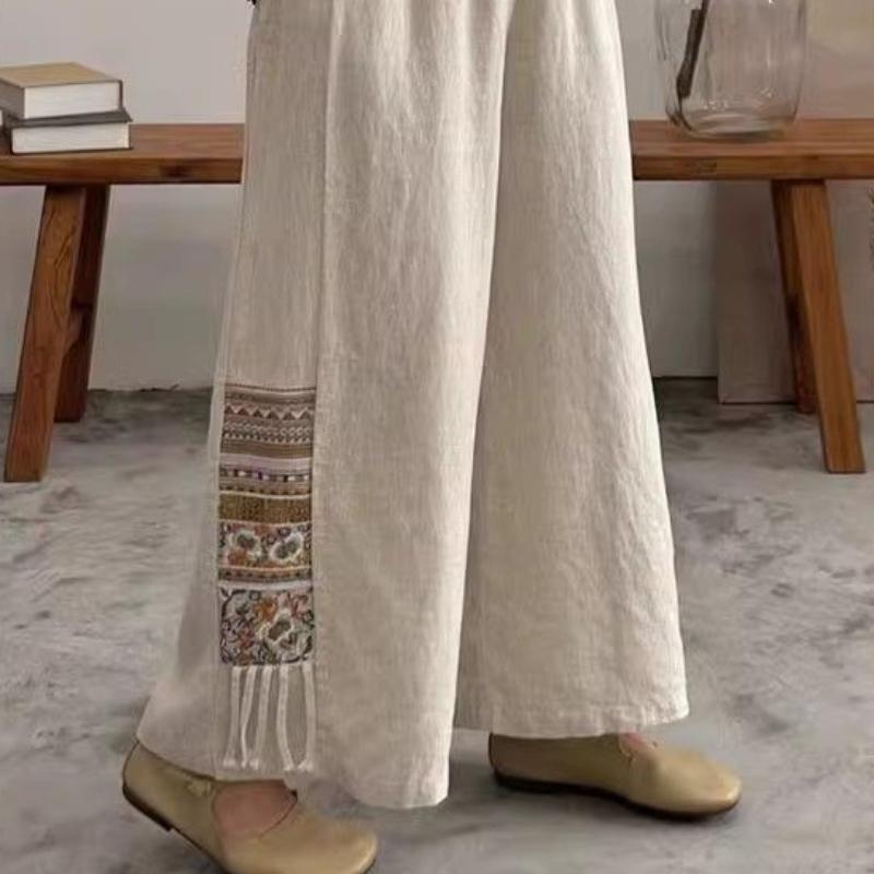 And Thin Womens Summer Cotton Linen Cropped Wide Leg Pants With Embroidered Artistic Retro Embroidery Ethnic Style Loose Casual Pants For Women