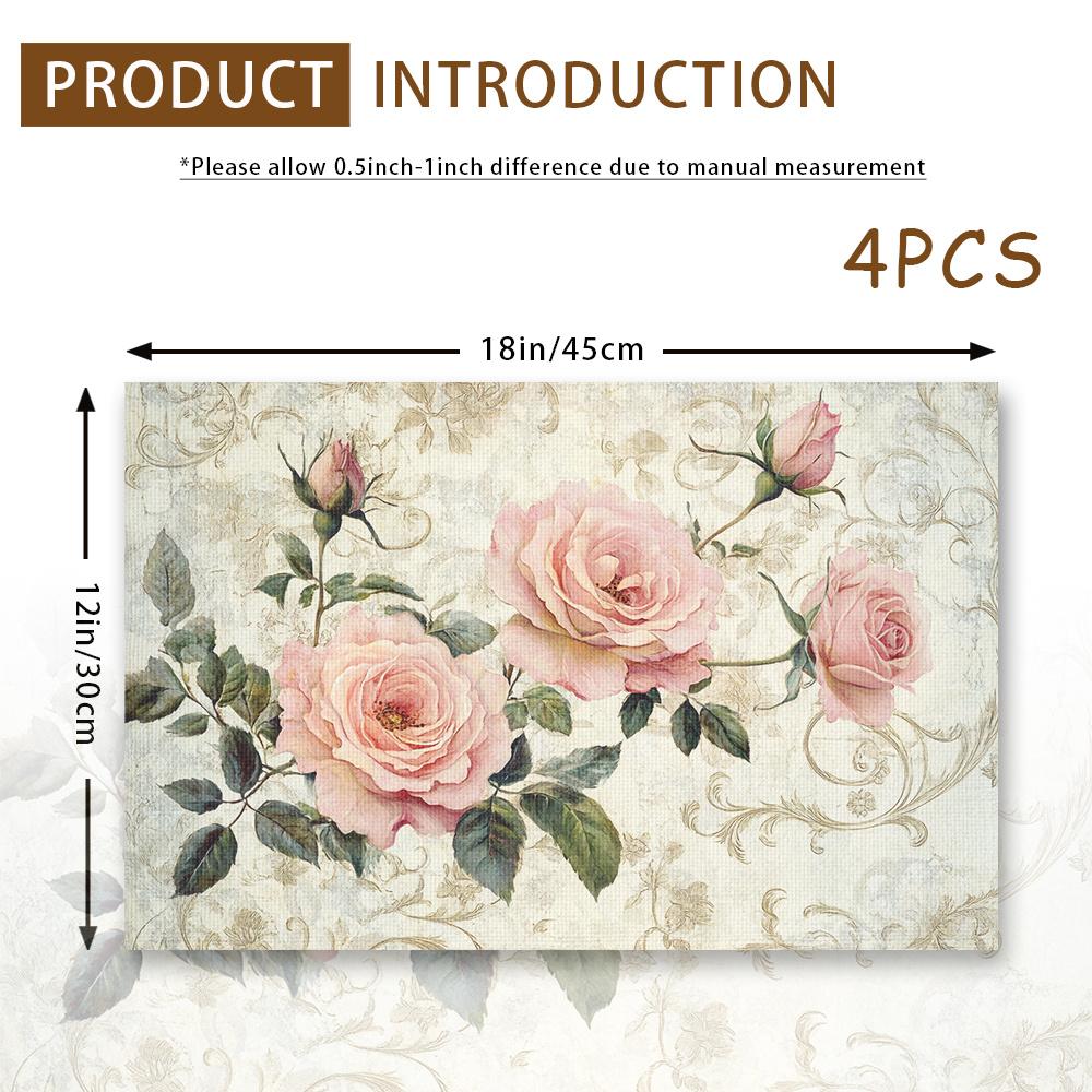 4pcs Elegant Pink Roses Shabby Chic Placemats - Vintage Floral Table Mats with Soft Pink Roses & Green Foliage on, Rectangular Linen