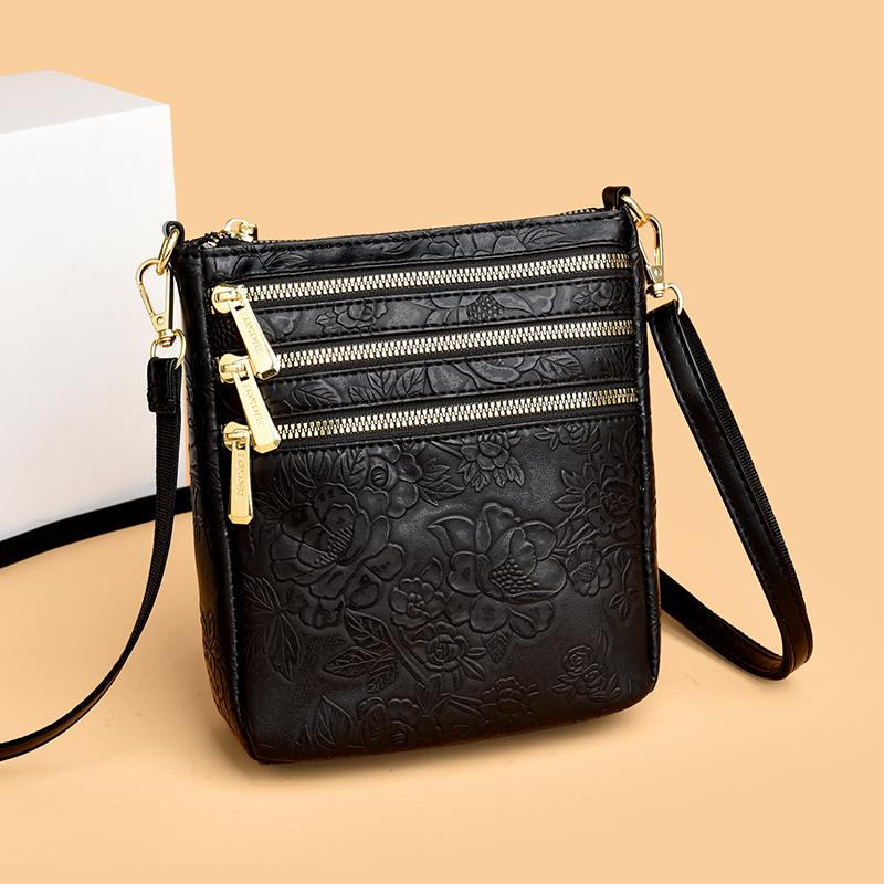 Stylish Embossed Floral Crossbody Bag for Women – Multi-Zipper Mini Shoulder Bag with Elegant Design