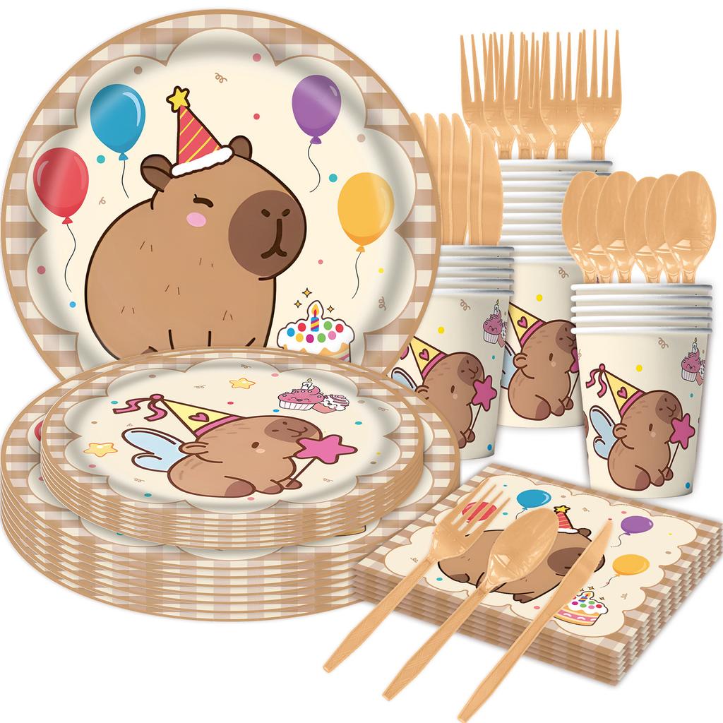 New Kapibara Theme Boy Party Disposable Paper Plate Paper Cup Paper Towel Tablecloth Flag Set Decoration