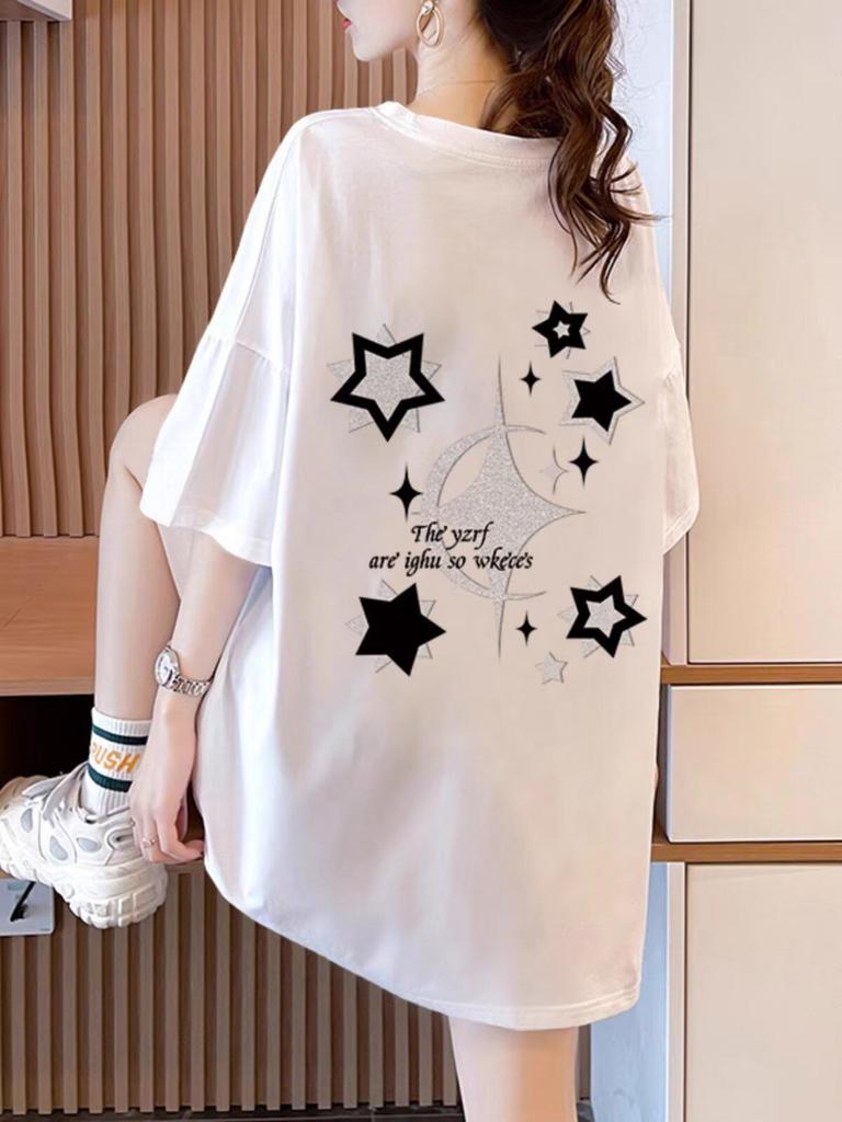 Damen 2025 Sternenprint Weiß Kurzarm Locker Mittellang T-Shirt - Frühling/Sommer Trend