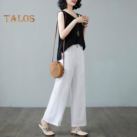 Women Casual Pants Elastic High Waist Buttons Zipper Fly Long Trousers with Pockets Solid Color Straight Wide Leg Slacks Daily Wear