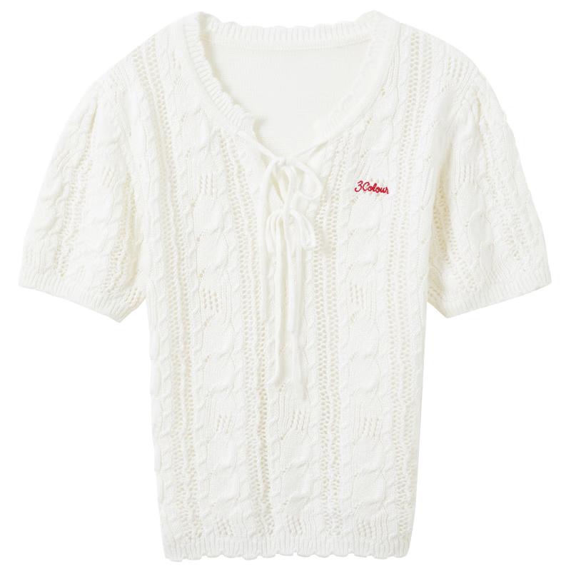 Sancai V-Neck Short Sleeve Cable Knit Pullover with Tie Straps S
