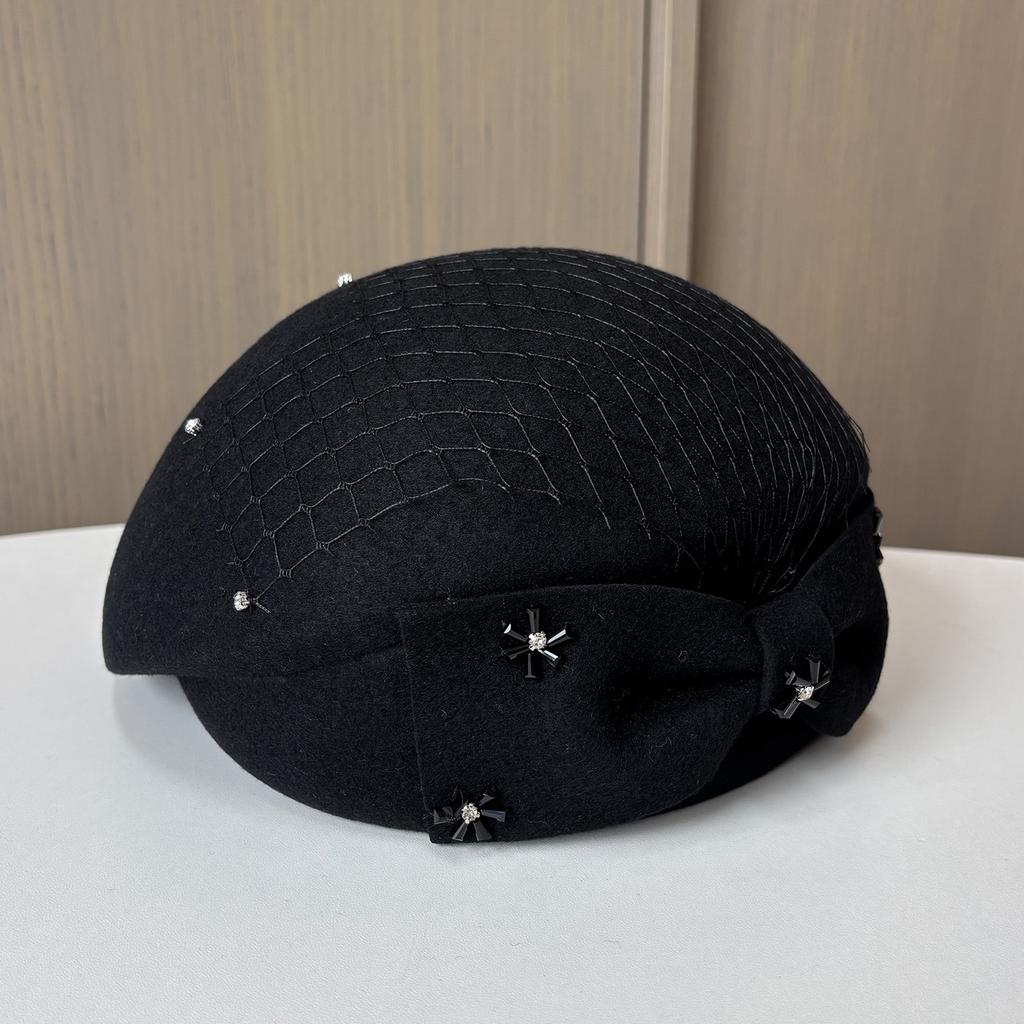 European And American Temperament Wool Beret Women'S Bow Mesh Rhinestone Stewardess Hat Elegant Styling Felt Top Hat