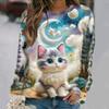 Flowers Cat  Long Sleeves Women Colorful Animal 3D Clothing  Tops O-Neck Cotton Clothes T-Shirt