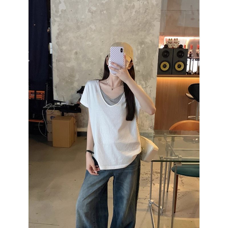 Kumikumi Design Sense Fake Two Pieces V-neck Short sleeve T-shirt Women Summer Niche All-Match Loose Slimming Casual Top