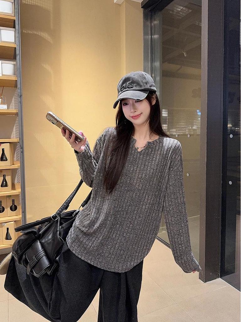 Women's Long-Sleeve Textured Brushed T-Shirt, New Spring/Autumn Korean Style, Loose Fit Versatile Base Layer Top