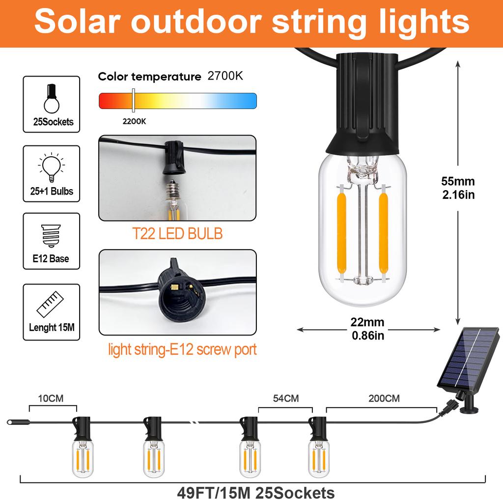LED Solar String Light 10m 15m 18m 30m T22 Tubular Led Filament Bulb 24V Festoon Solar Garland Patio Backyard Garden Party Decor