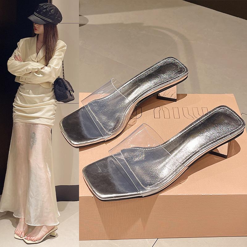 Beautiful sandals women's 2025 new fairy with skirt transparent high heels crystal half slippers outer shoes