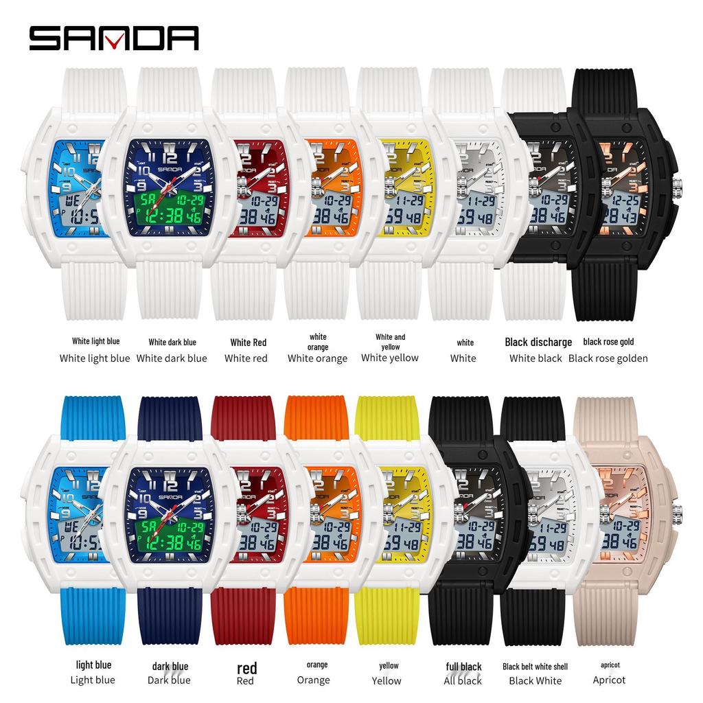 Sanda Barrel-Shaped Men's Dual Display Watch - Fashionable, Vibrant, Luminous, Waterproof, with Alarm Clock.