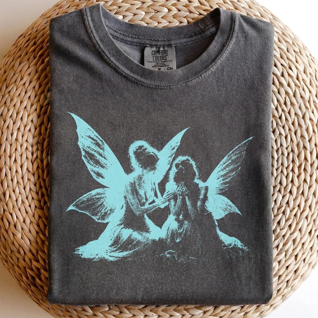 Fairycore Winged Figures Shirt and kids tshirt, Distressed Fantasy Graphic Tee, Dark Academia Angelcore Top