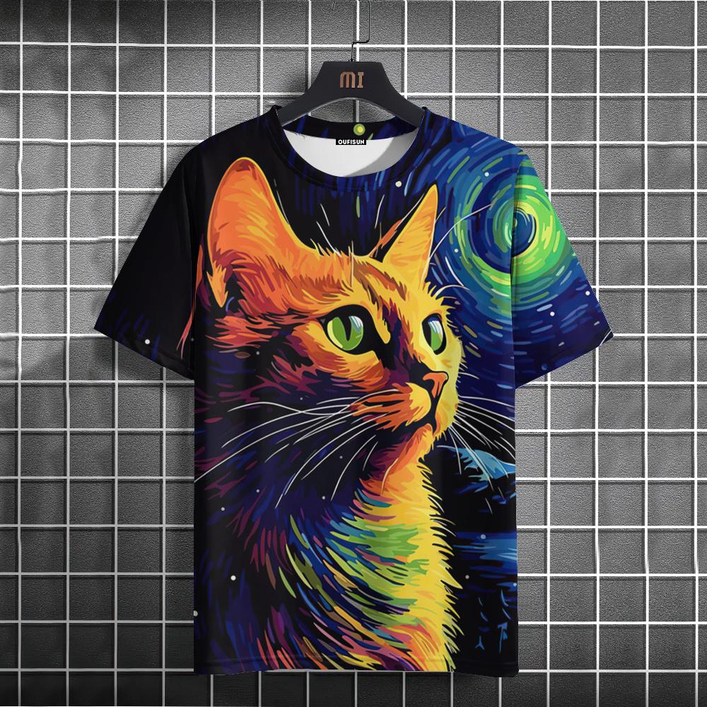 Oil Painting Cat Pattern T-shirt Short-sleeved Top
