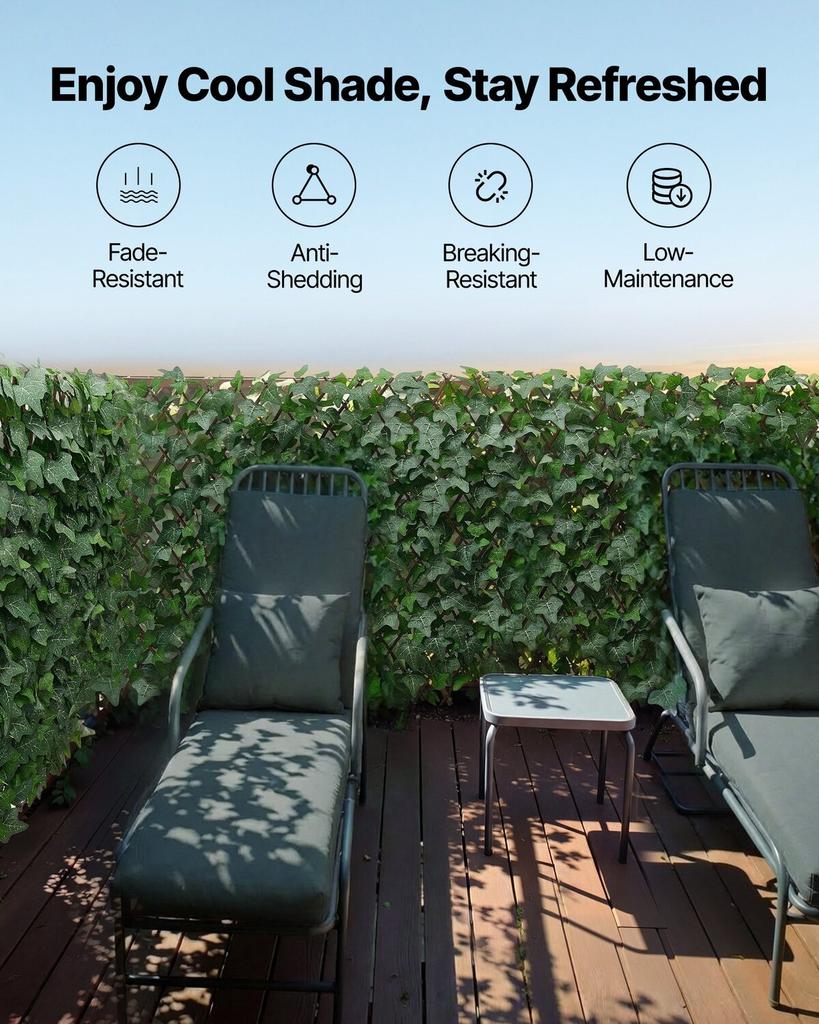 Expandable Fence Privacy Screen, 63.5 x 320 cm Expand Artificial Plant Wall, Realistic Artificial Ivy Panel with 50 Zip Ties, Decorative Faux Greenery