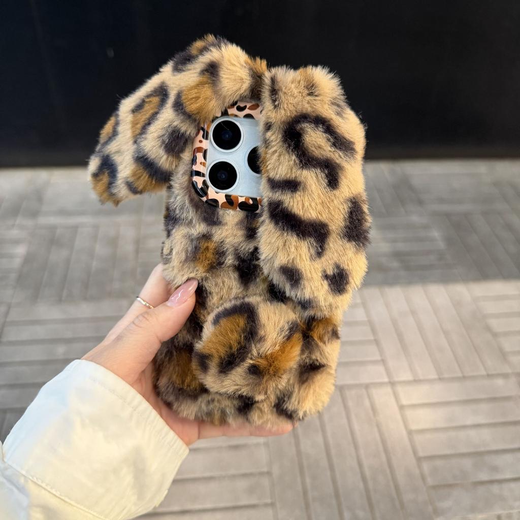 Leopard Print Rabbit Ears for Apple 17Promax Mobile Phone Case iPhone16 Plush 15 Cute 14/13/12 Female