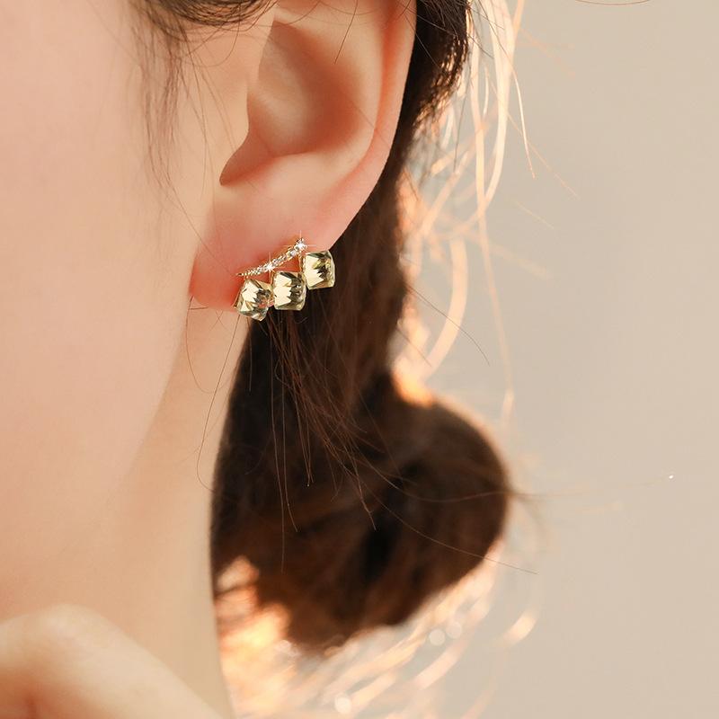 Cubic Crystal Earrings Silver Studs Seafoam Blue 3D Geometric Design Hypoallergenic Lightweight Sweet Elegant Jewelry for Women