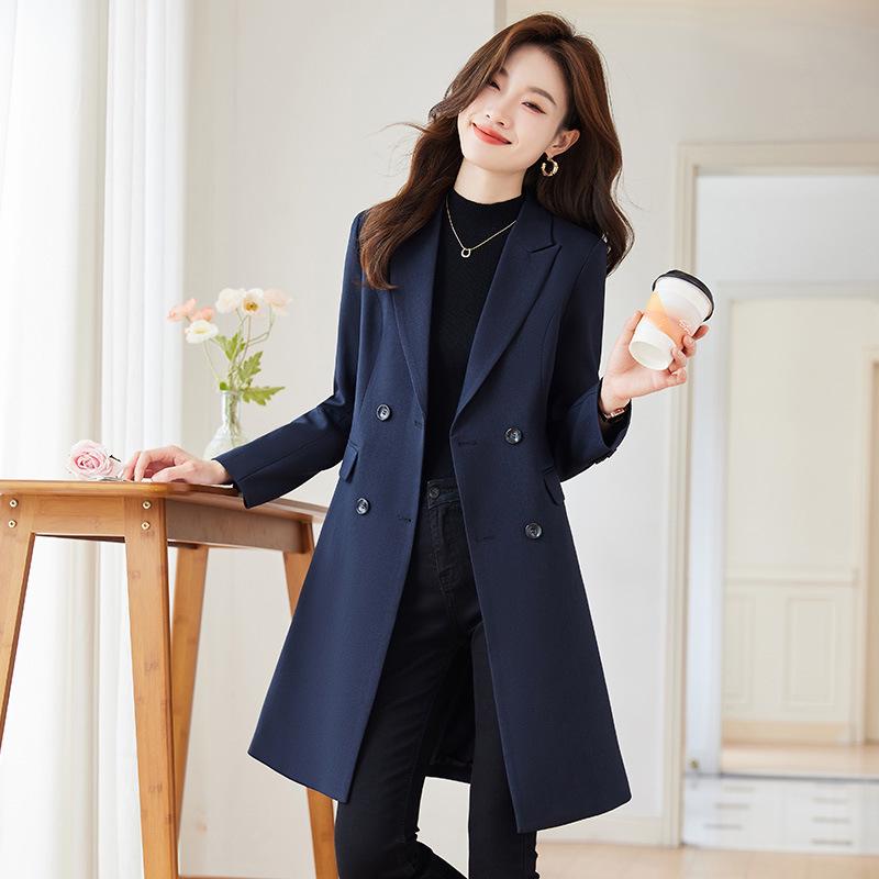 

Women s Black Double-Breasted Slim-Fit Blazer - Mid-Length Casual Trench Coat for Autumn/Winter 2026. 4XL 140-148 jin