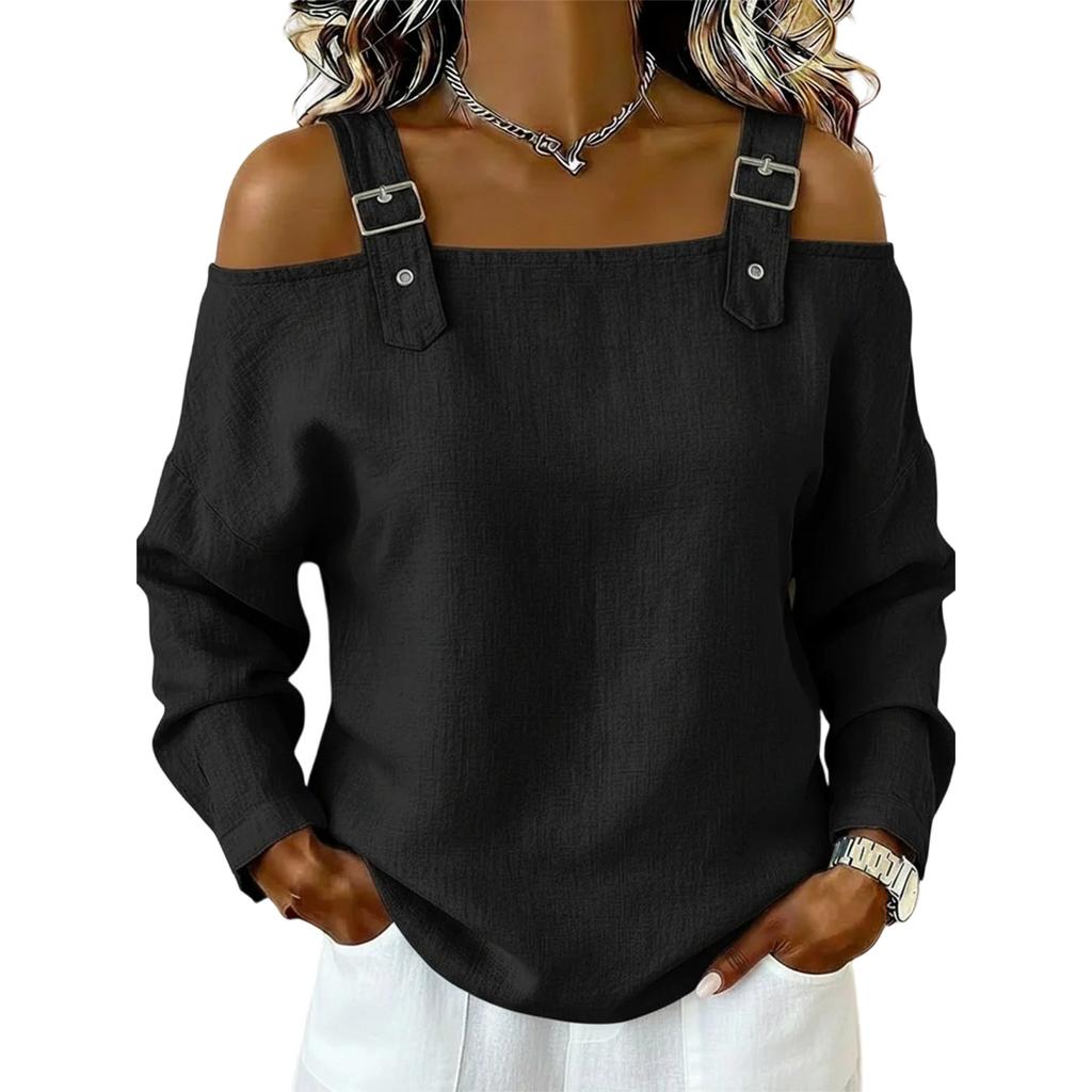 Women’s Off Shoulder Long Sleeve Strap Casual Loose Fit Blouse Top for Daily Wear Work or Travel Outfits