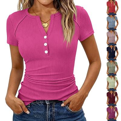 Women's Fashion Casual Color New Short-Sleeved Decorative Button V-Neck T-Shirt Top
