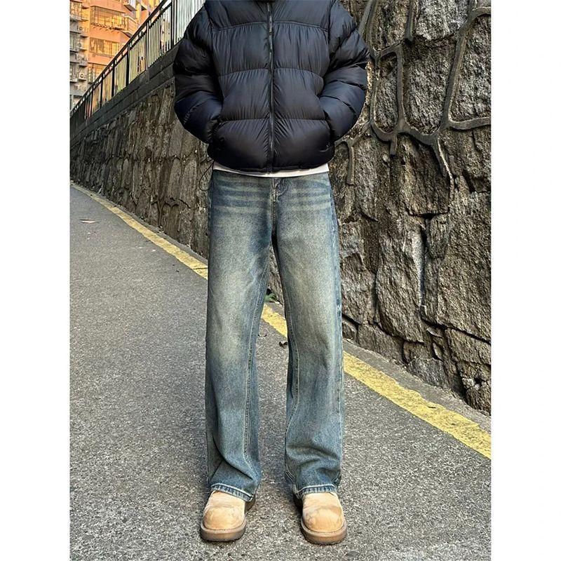 Ретро Синие Джинсы Мужские Высокие Брюки Американский Хай-стрит Свободные Прямые Брюки Клеш S синий