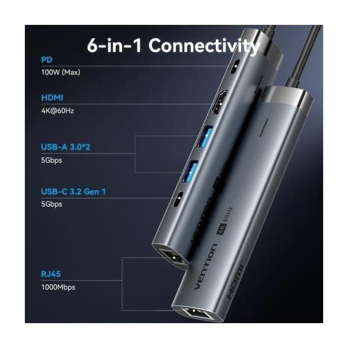 Docking USB Tipo-C Vention TGNHB- 1xUSB 3.2 Tipo-C- 2xUSB- 1xHDMI- 1xRJ45- 1xUSB Tipo-C PD