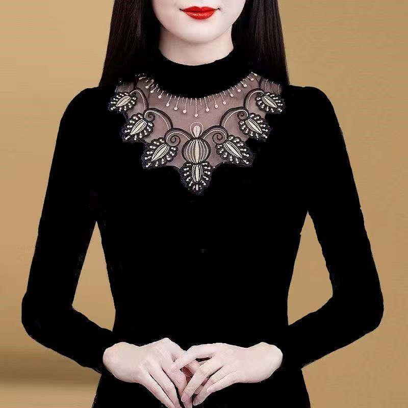 

Осенне-зимняя женская нижняя рубашка, черная кружевная футболка с длинными рукавами, внутренний топ больших размеров XXXXL