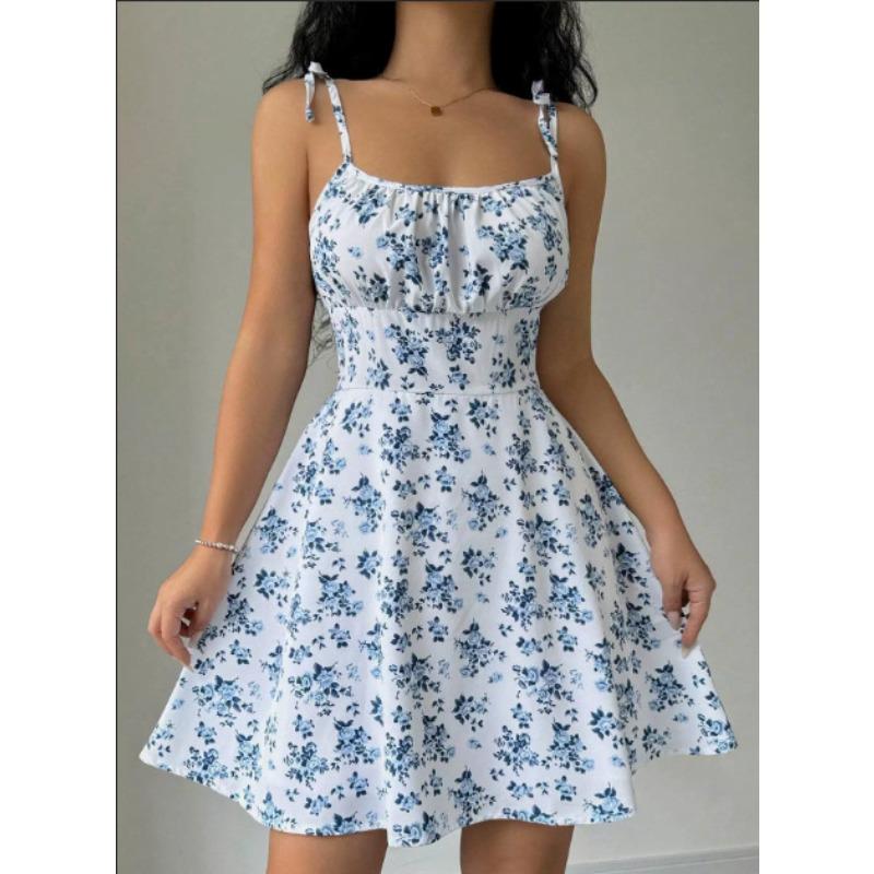 

women s Ditsy Floral Tie Strap Square Neck Ruched Mini Dress Casual Summer Sundress S синий