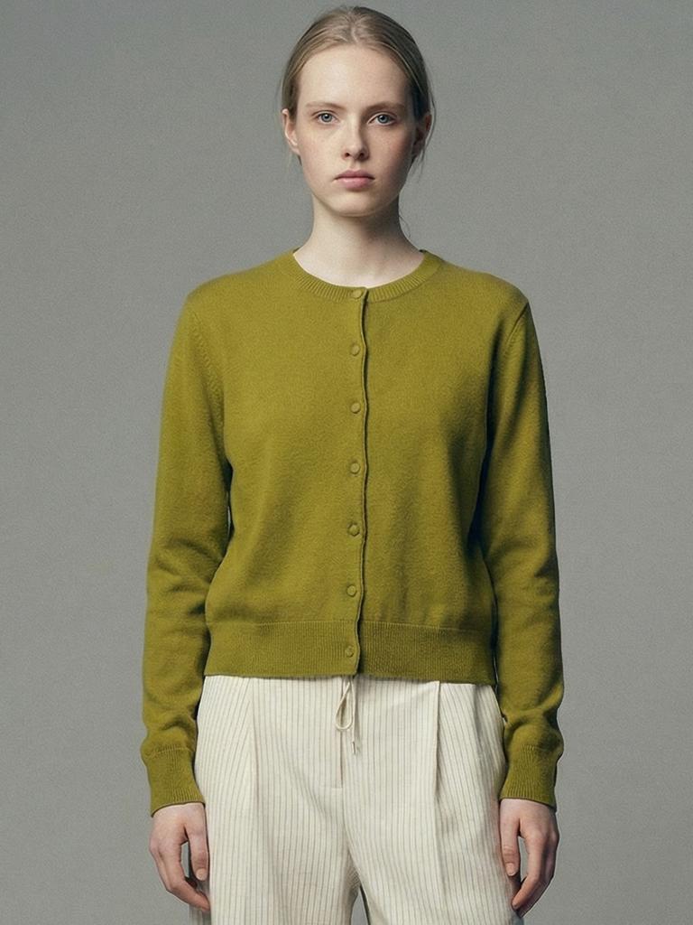 STAY WITH ME Cashmere Blend Round Neck Cardigan_Olive Green