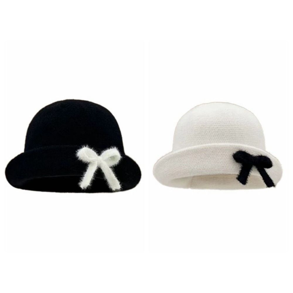 Solid Color Bow Bucket Cap Korean Style Women Bucket Hat Temperament Woolen Fishing Cap  Streetwear