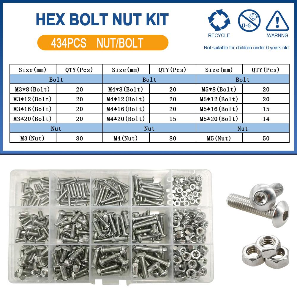 Allen Screw Nut Bolt Kit M2 M3 M4 M5 M6 304 Stainless Steel Bolts Nuts Set Hexagon Button Round Head Machine Screws Nuts Kit