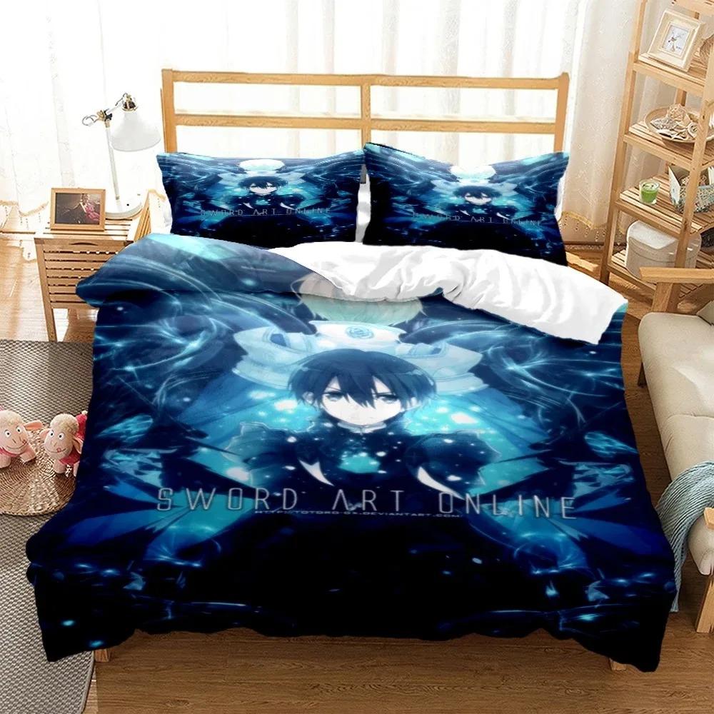 SAO Anime Art Print Three Piece Bedding Set Fashion Article Beds Quilt Covers Pillowcases Duvet Cover for Boys Adults