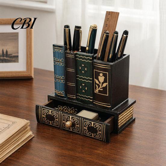 British Style Desk Accessory Wooden Book-Shaped Pen Holder, Retro Organizer with Drawer, Holder Creative Storage Container for Pens Notes Paper Clips