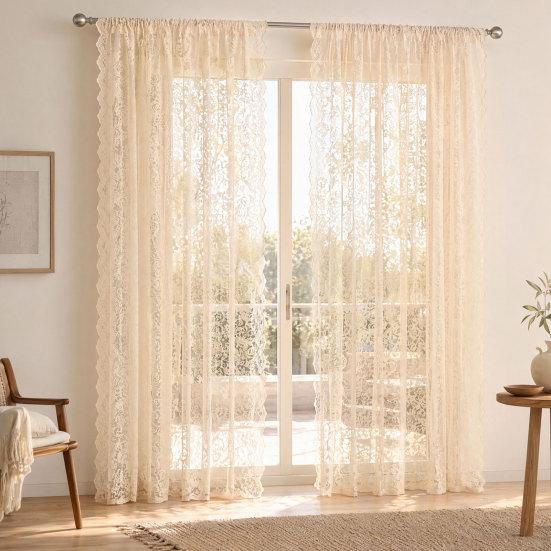 1 Panel Sheer Lace Curtain, Vintage Floral Lace Curtain with Rod Pocket, Light Filtering Window Curtain Panel for Living Room Bedroom Window Closet