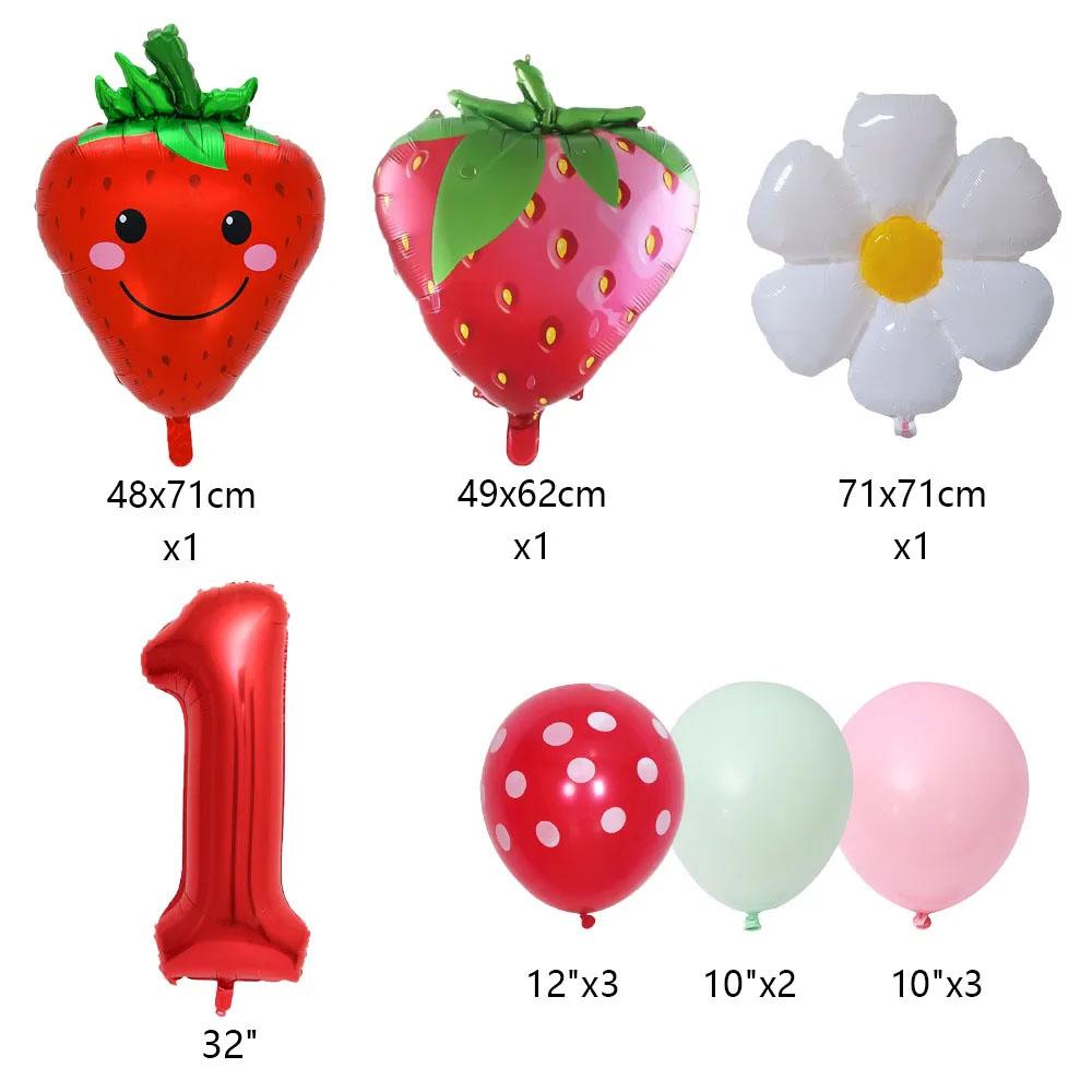 12pcs/set Strawberry Daisy Flower Balloons 32inch Red Number Balloon for Berry First Birthday Girls Sweet Fruit Party Decoration