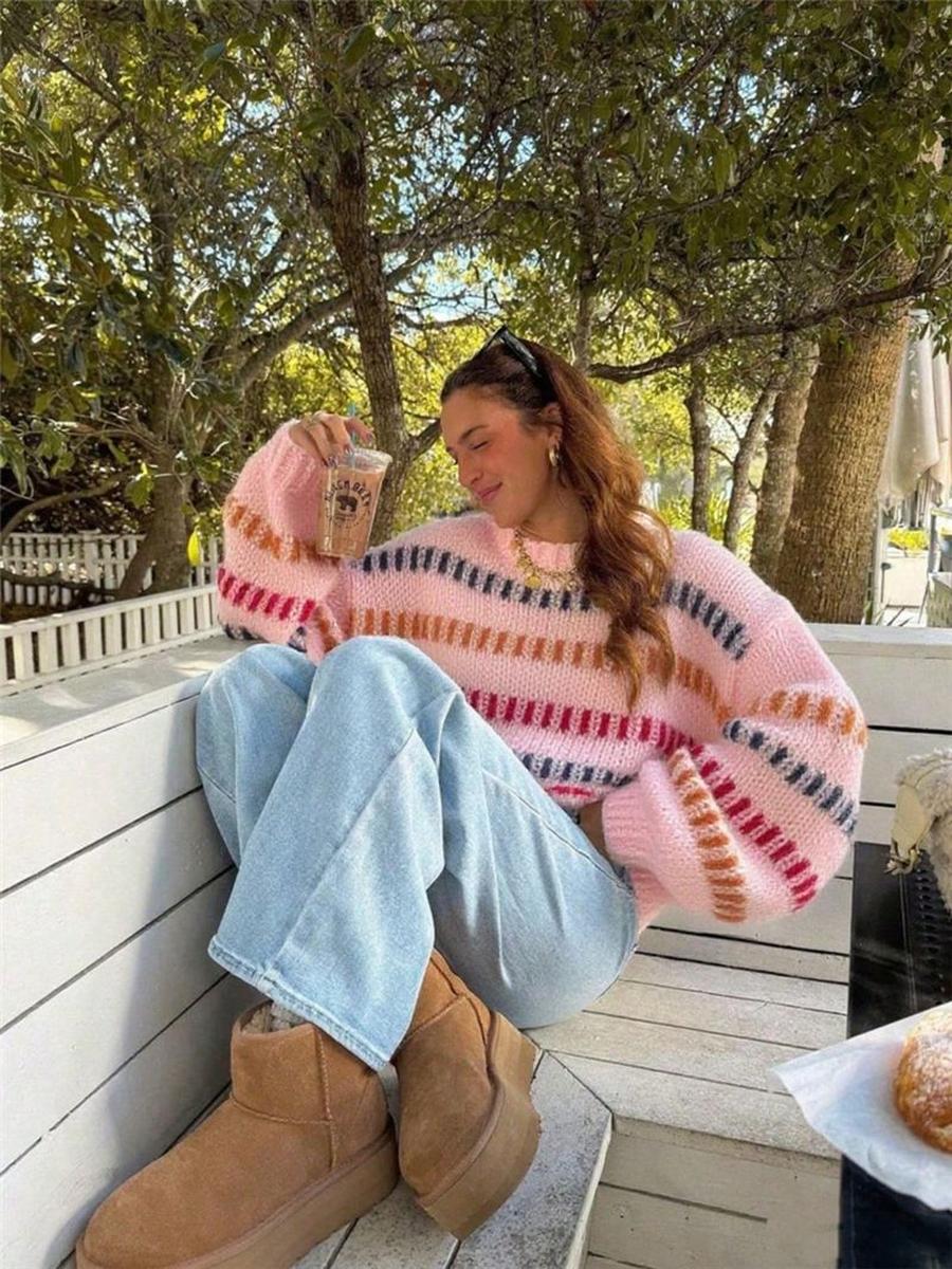 

Autumn Winter Casual Fashion Retro Patchwork Chunky Knit Oversized Batwing Sleeve Sweater M рожевий