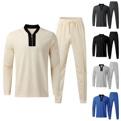 Men's And Women's Solid-color Casual Long-sleeved And Long Pants Set, Men's Spliced Stand-up Collar Half Zipper Casual Set