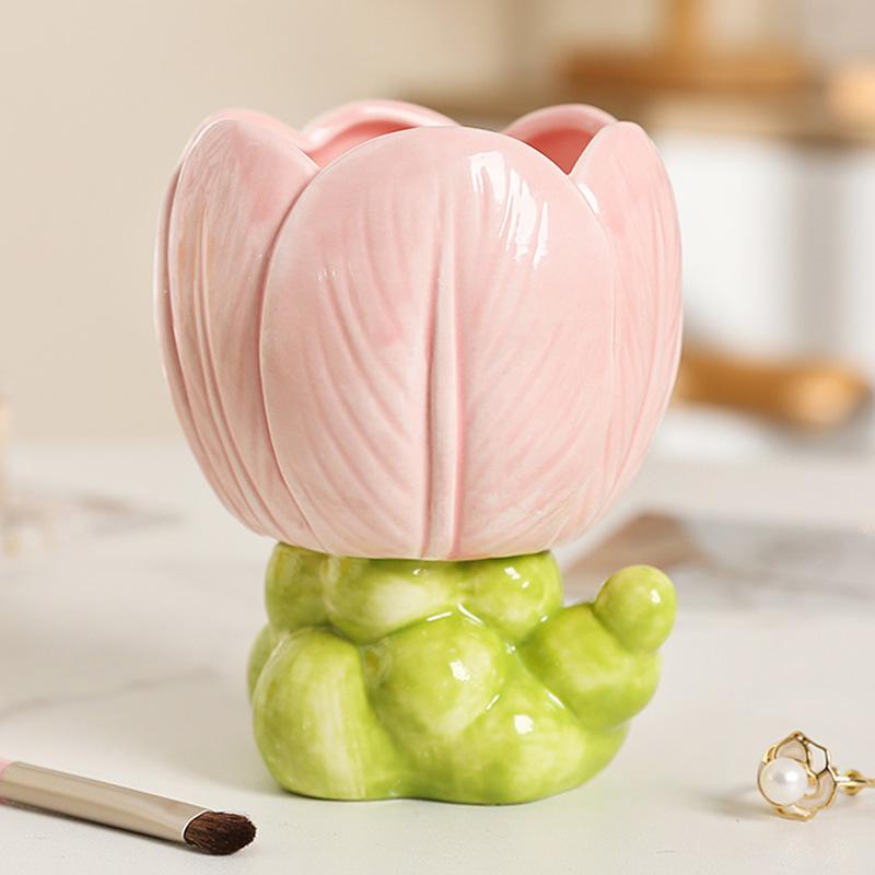 1 Stück Keramik Tulpenblume Make-up Stifthalter Aufbewahrungsbox Schreibtischdeko Blumenvase Arrangement Wohnzimmer Schreibtischdeko Schreibwarenregal