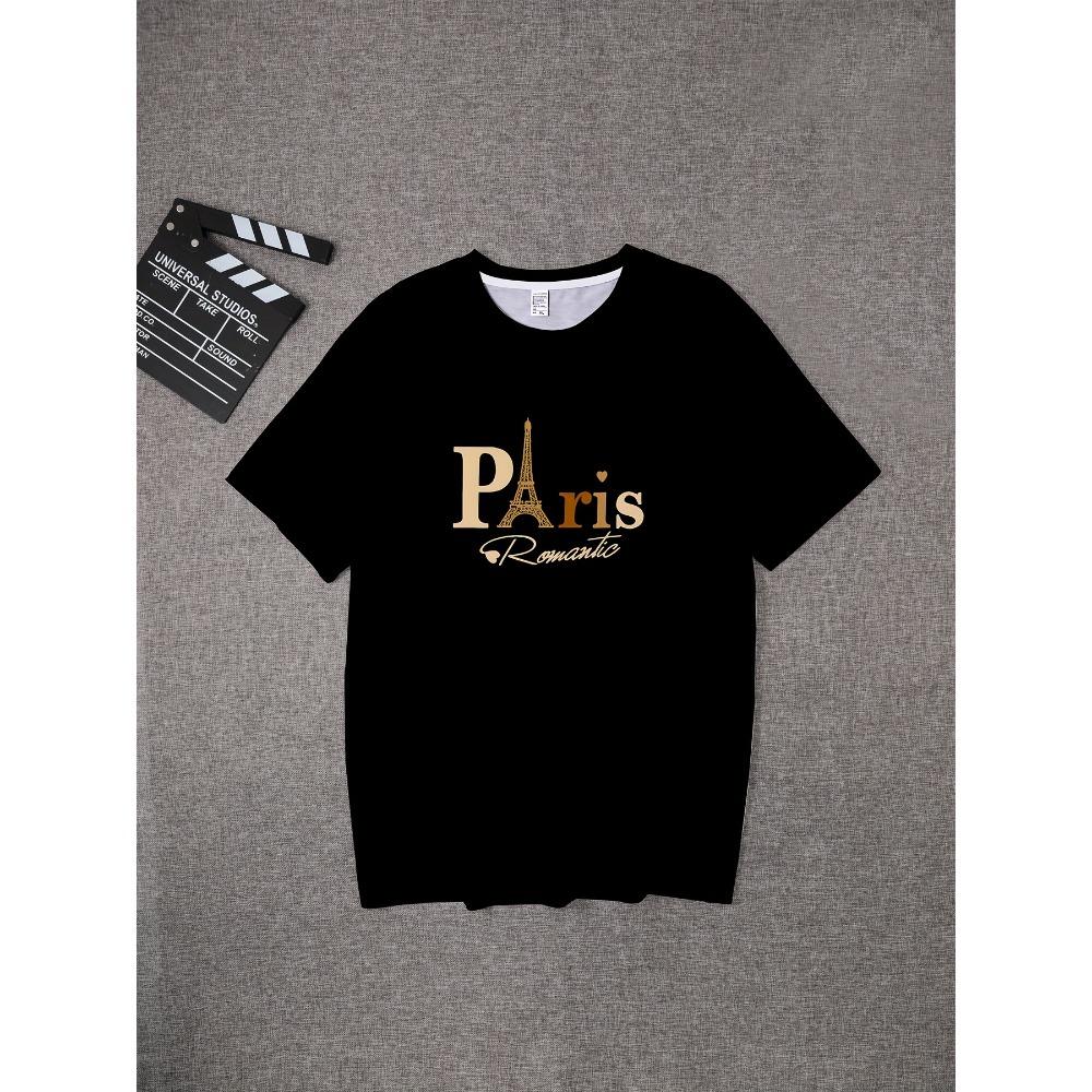 European Sizes A Easy Paris Print Summer Romantic T-Shirt for Outdoor Casual Fashion, Perfect for Men'S Streetwear