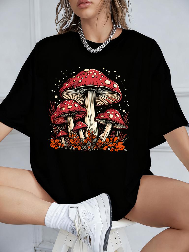 Red Mushroom Personality Prints TShirt Women Cotton Summer Short Sleeve T Shirt Soft Loose ONeck Tops Casual Woman Clothes