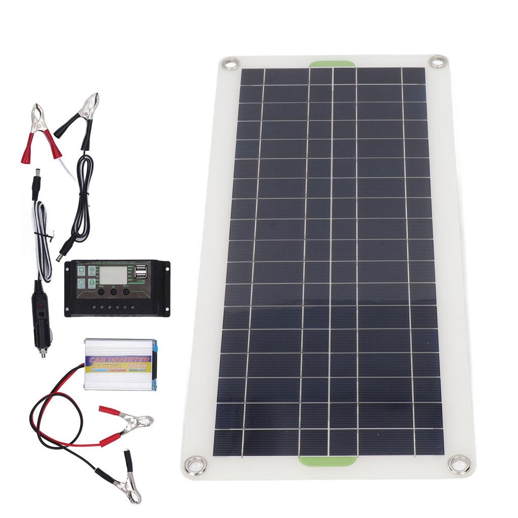 12V 30W Portable Solar Panel Kit with 220W Inverter Controller Polysilicon High Efficiency 2 USB Por