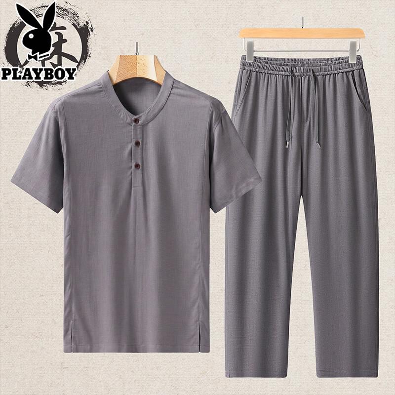 Playboy Men s Linen Blend Short Sleeve Casual Set 4XL