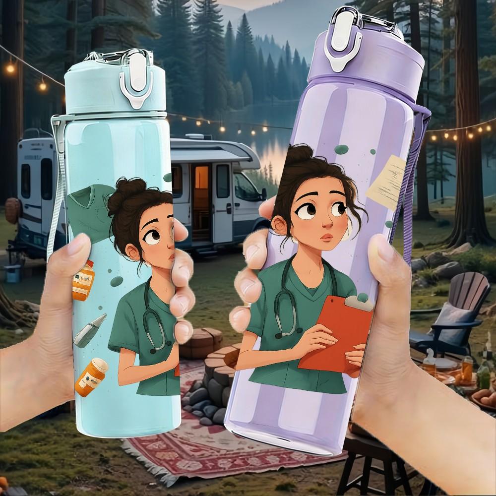 1PC Girl Reading Book Art Print 750ml Color Plastic Sports Water Bottle Leakproof Flip Straw Lid Suitable for Sports Office Home Use