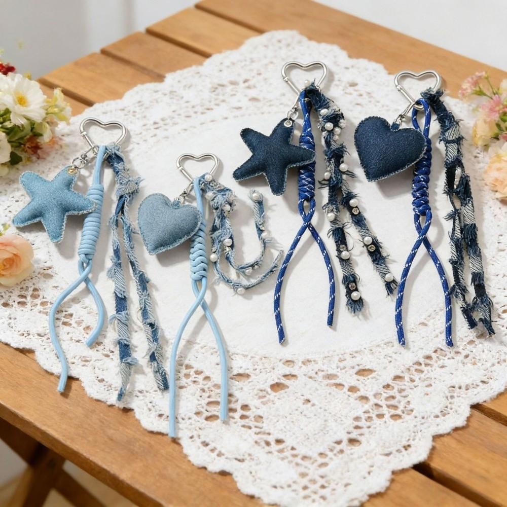 Star Heart Pendant Denim Keychain Distressed Frayed Keychain Pendant for Women Ladies Bag